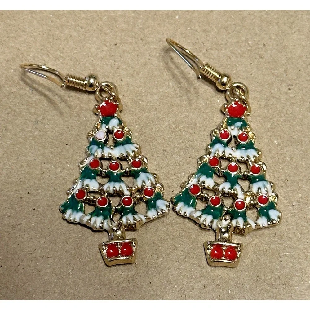 Fashion Jewelry Enamel Christmas Tree Earrings Gold Tone